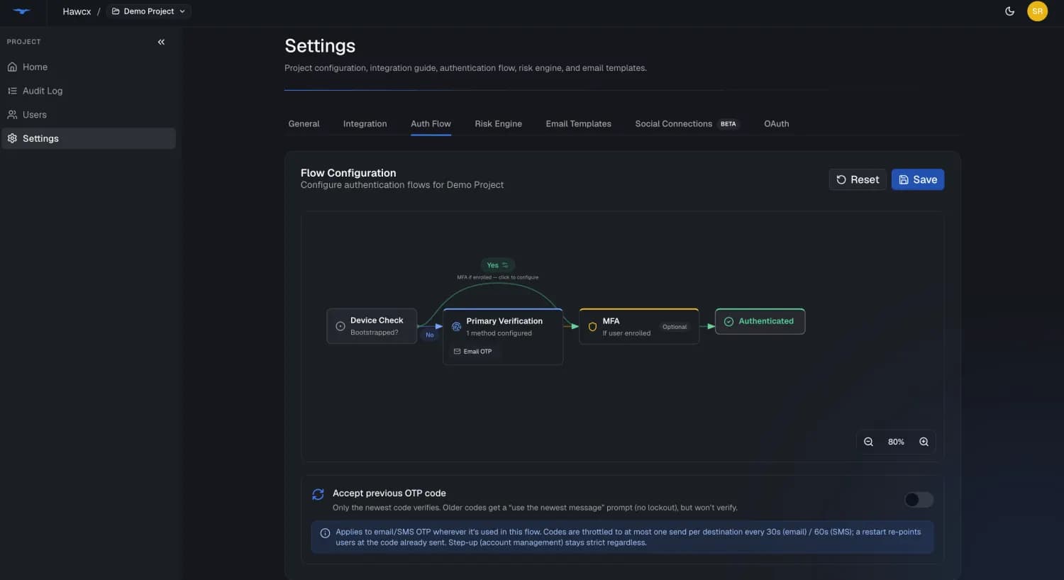 Flow Configuration editor showing the authentication flow with primary verification, MFA, and device-trust steps