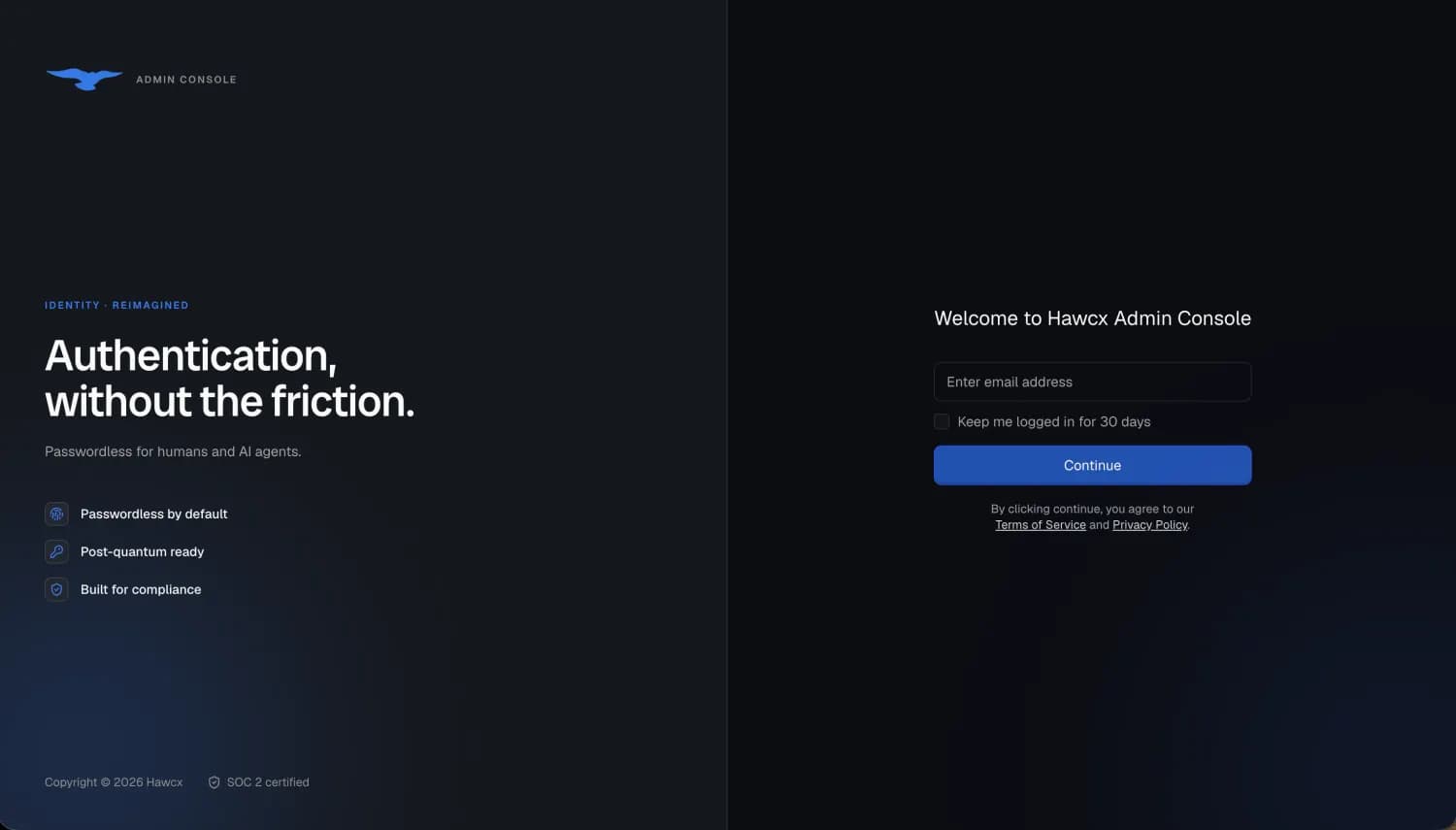 Admin Console login screen with the email entry field