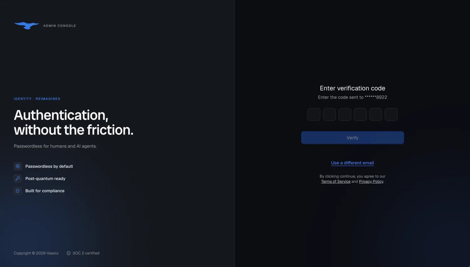 Admin Console one-time passcode entry screen