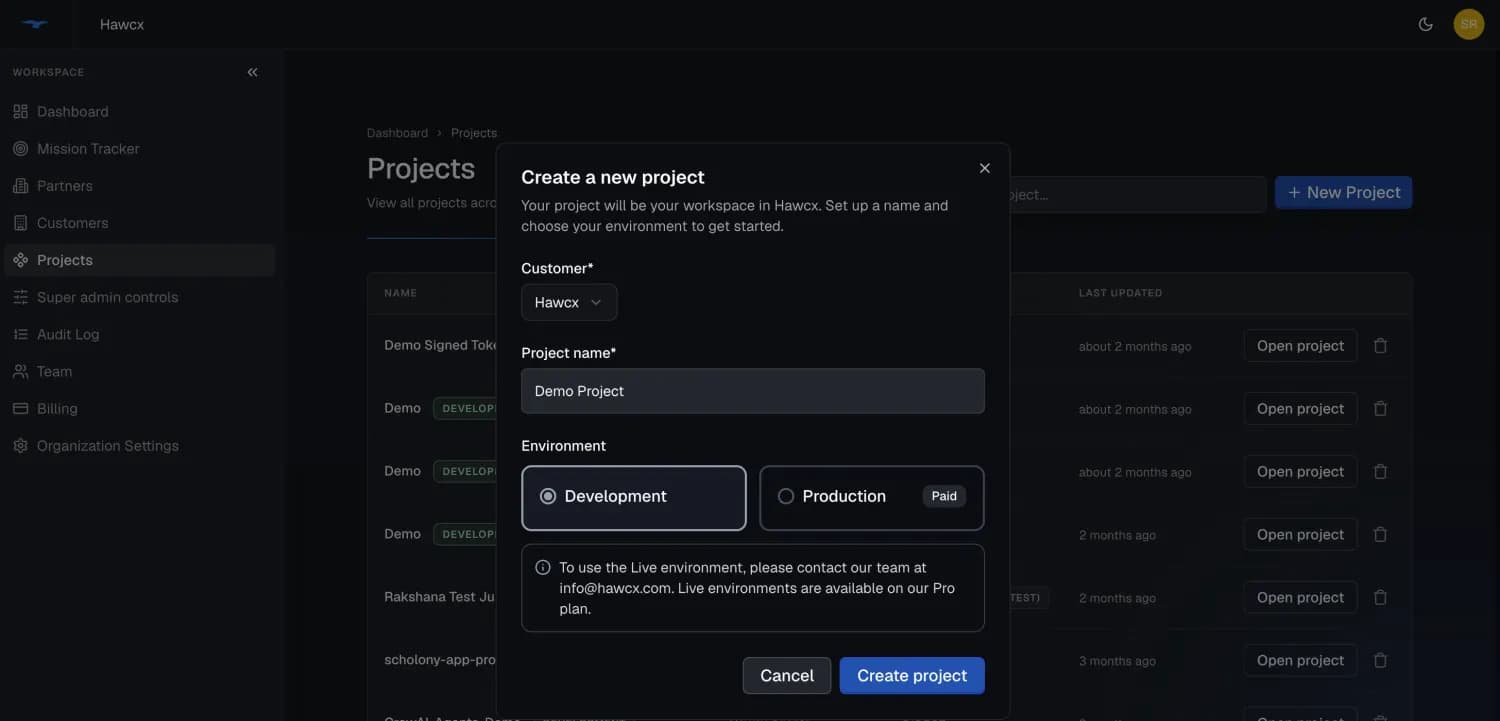 New Project dialog with the project name field and the Development environment selected