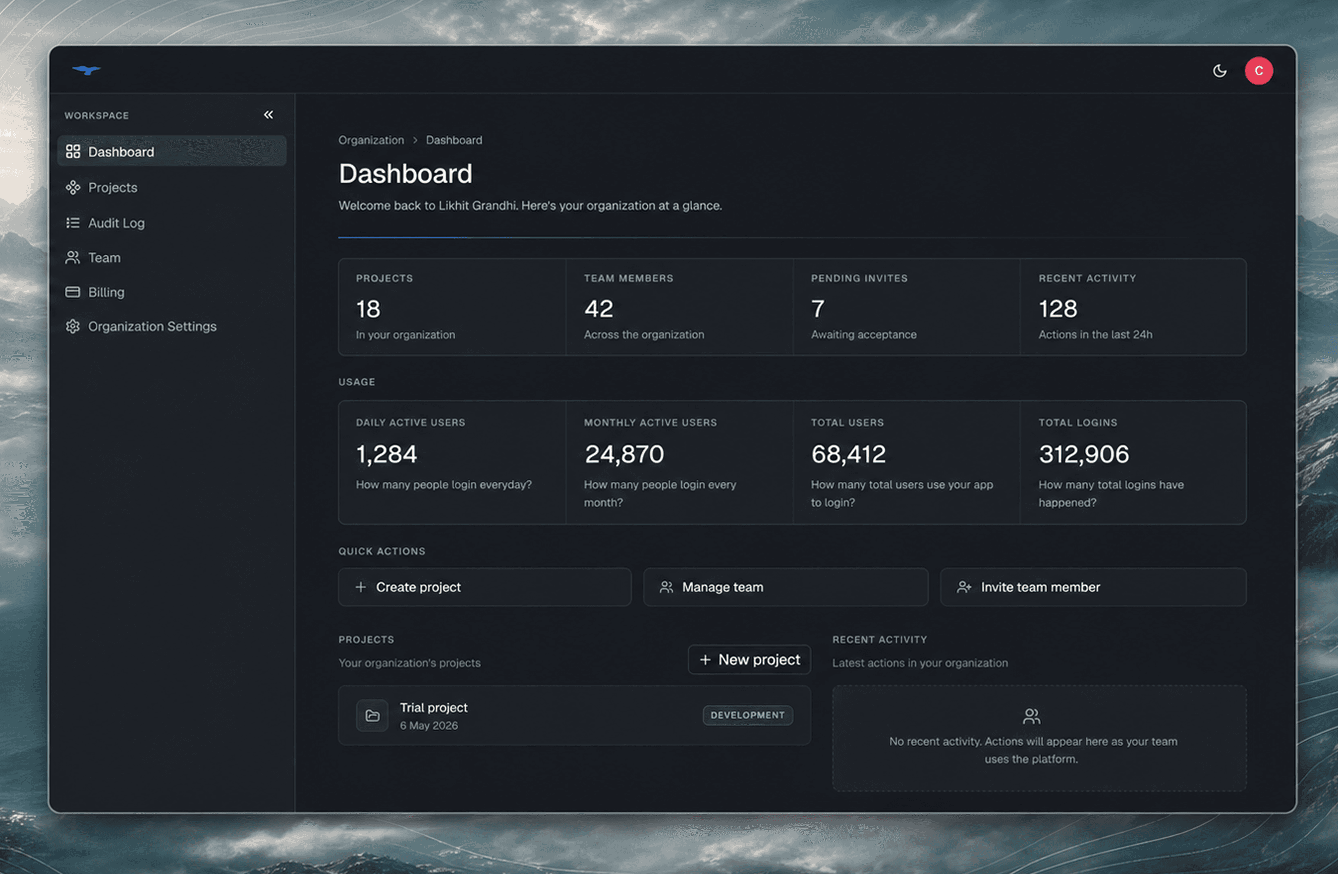 Dashboard overview showing organization metrics, usage cards, quick actions, projects, and recent activity