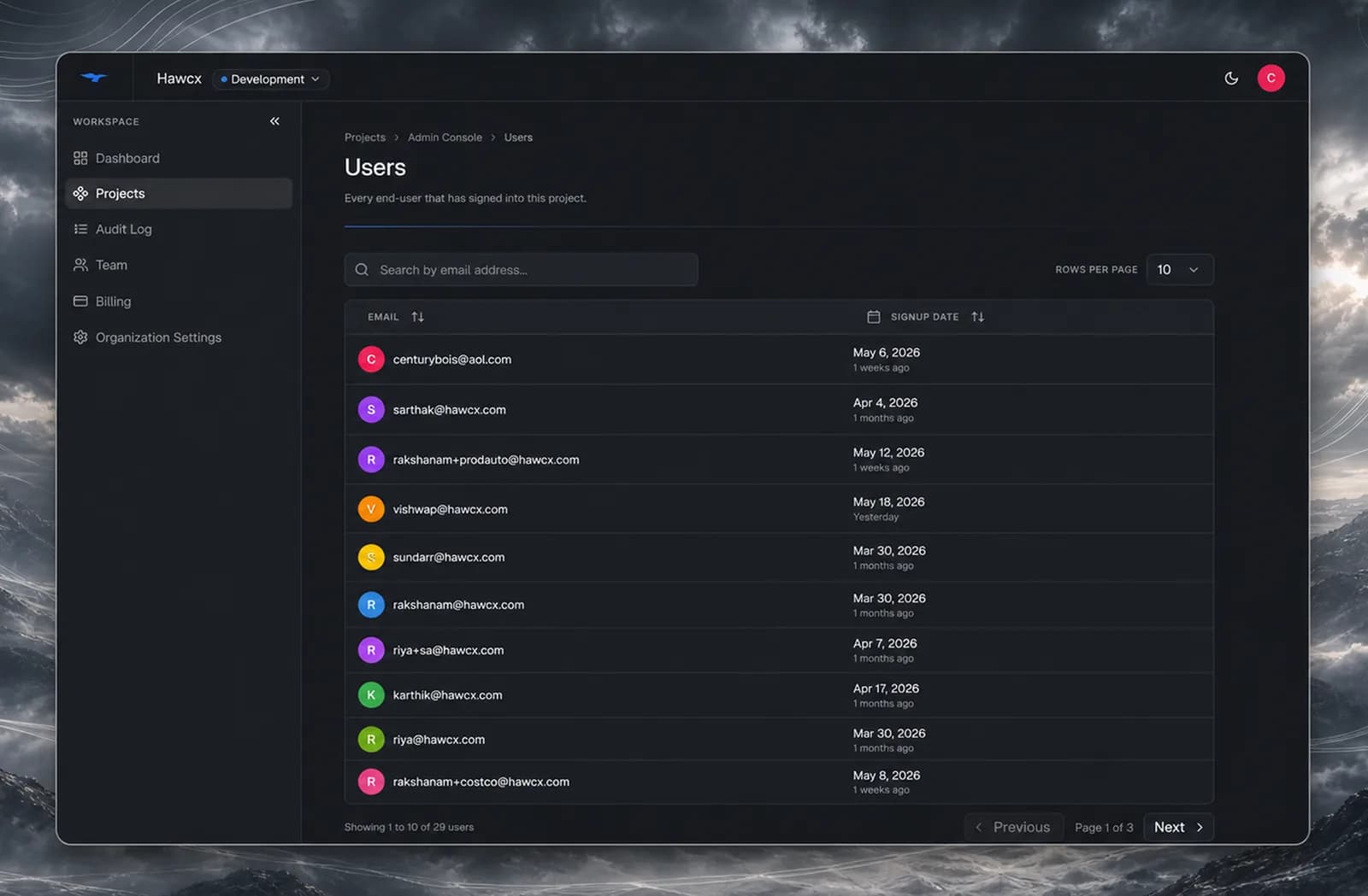 Project users page showing authenticated users, device details, and access controls