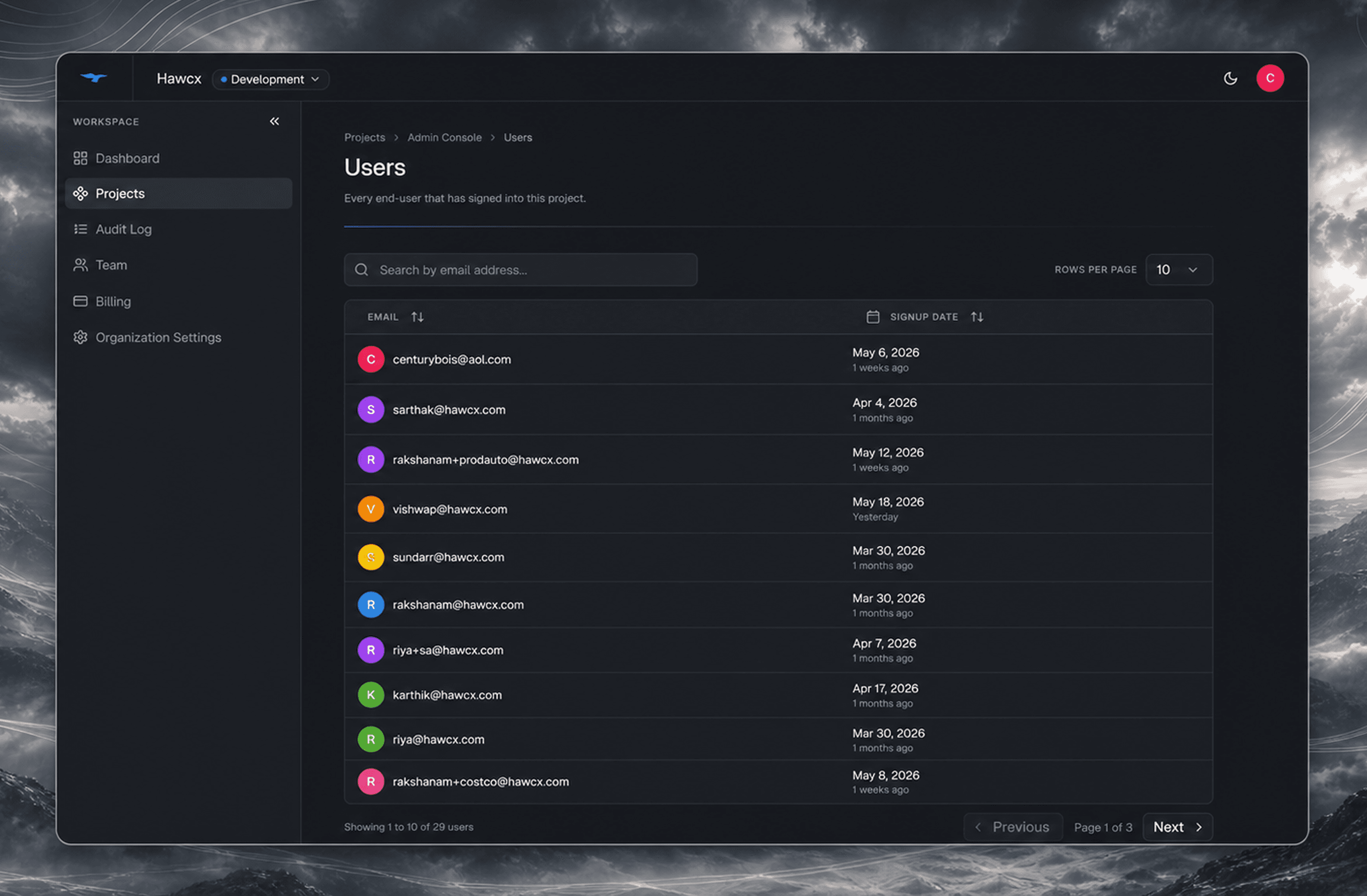 Project users page showing authenticated users, device details, and access controls