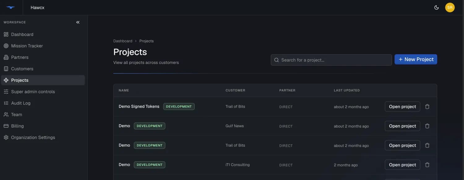 Projects page showing project cards, search, environment filters, and project details