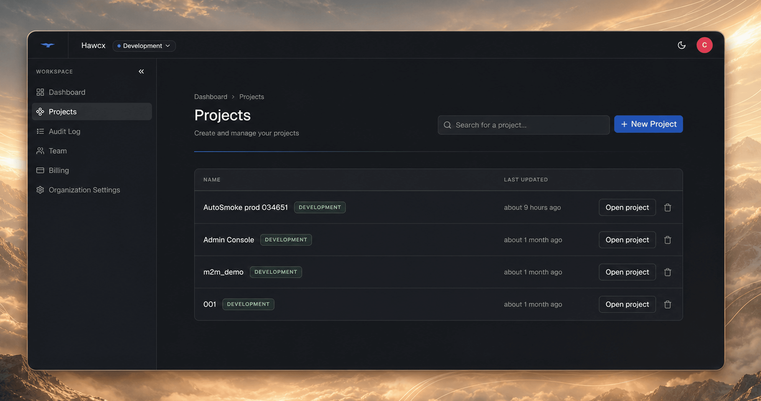 Projects page showing project cards, search, environment filters, and project details