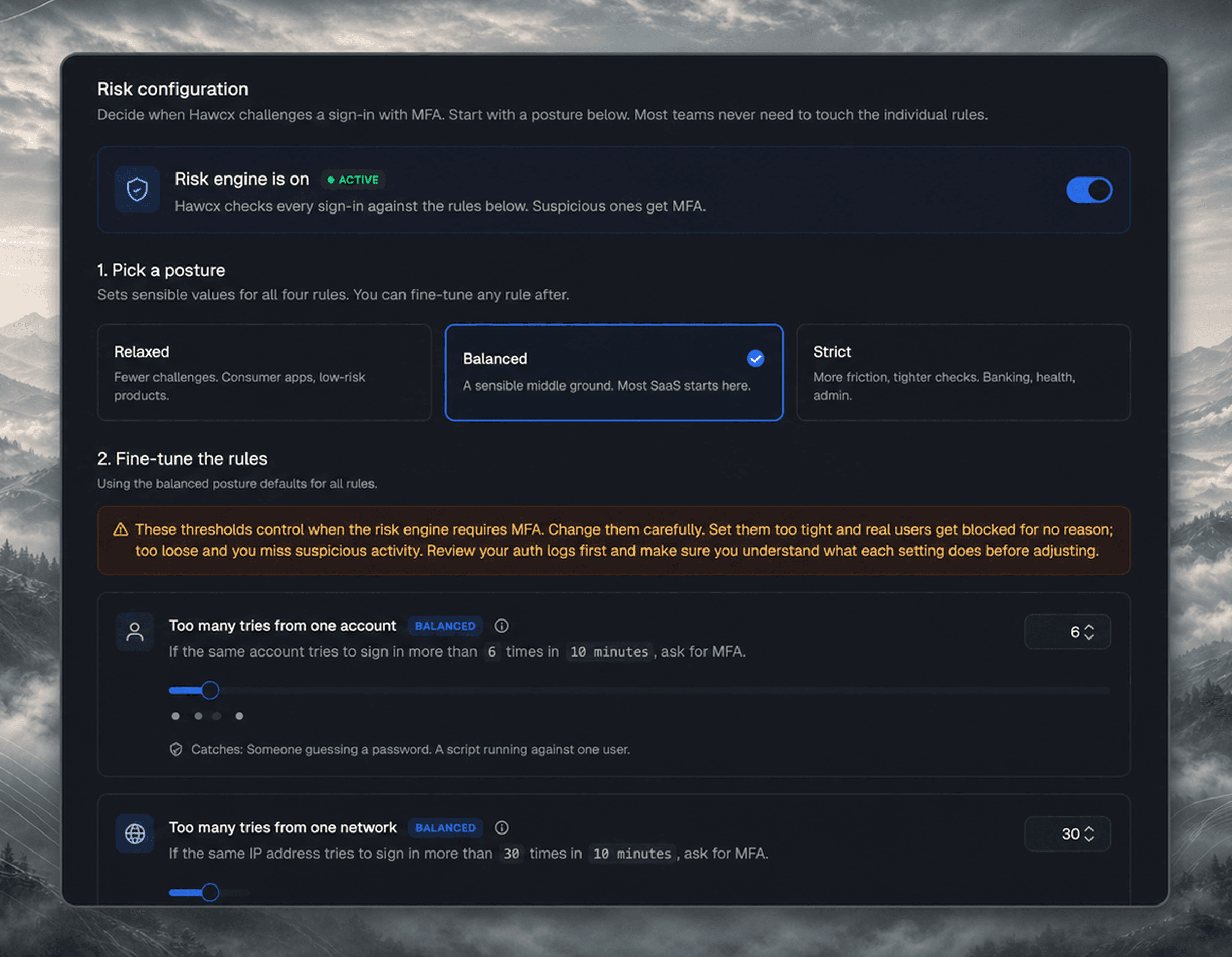 Risk Engine settings showing engine state, posture presets, and rule threshold controls