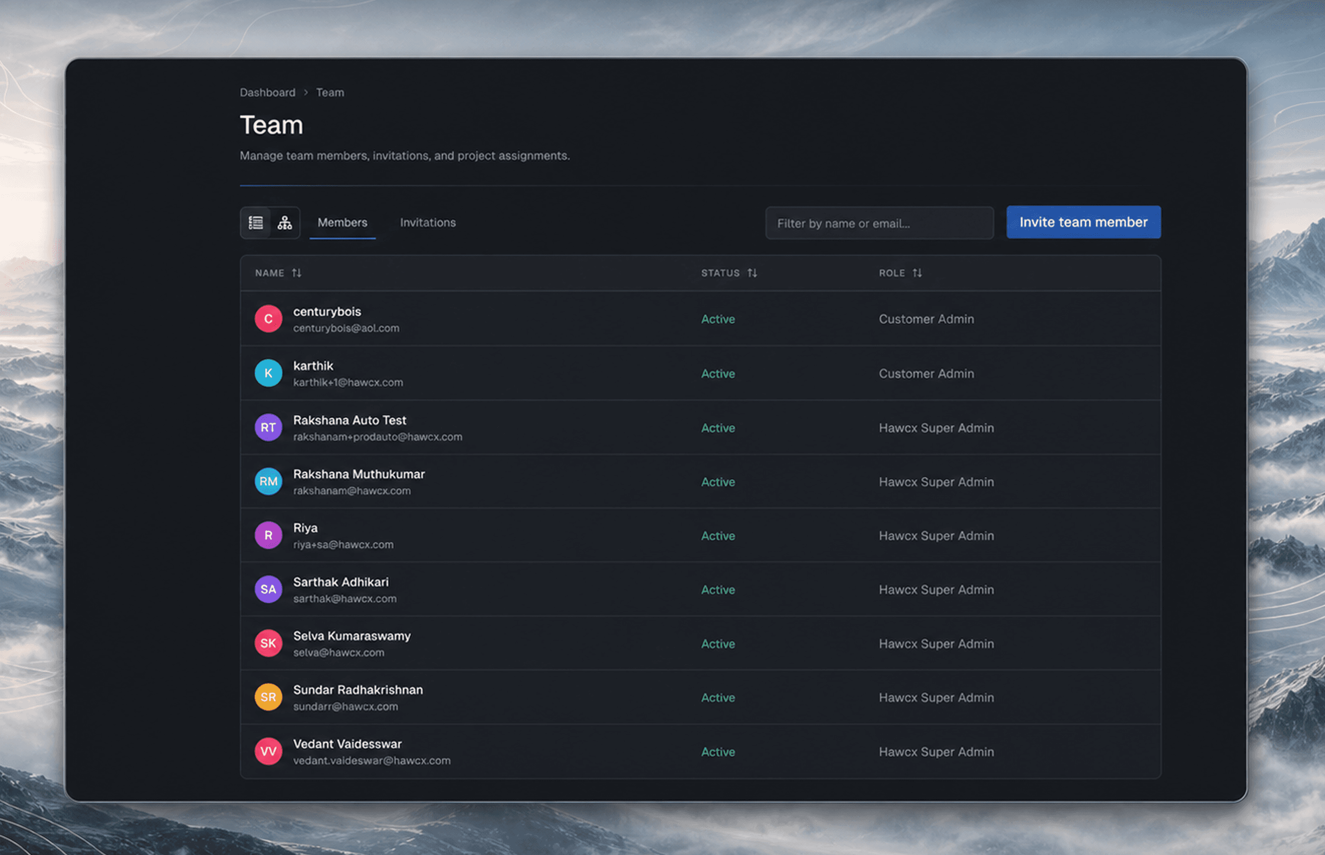 Team Management page showing members, invitations, roles, and project access