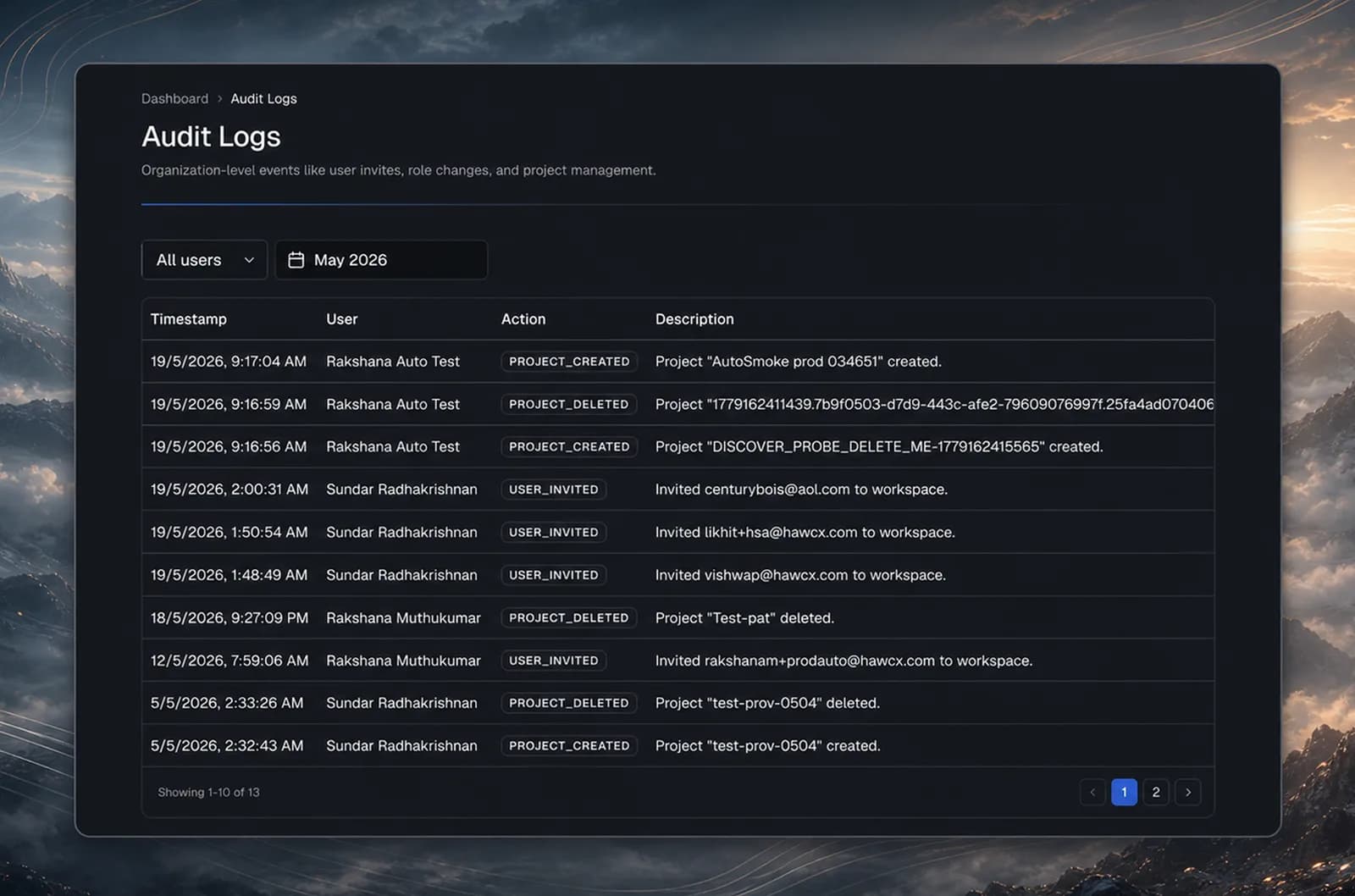 Audit Logs page showing logged actions, filters, users, and timestamps
