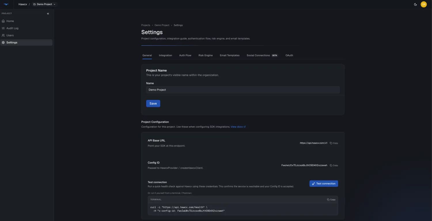 Project settings showing the Config IDs card with a generated Config ID displayed